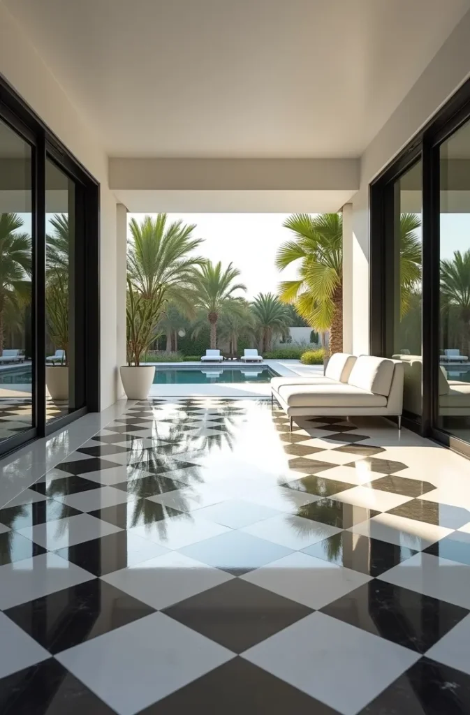 Wet-Look Polished Checkerboard for a Covered Luxury Terrace