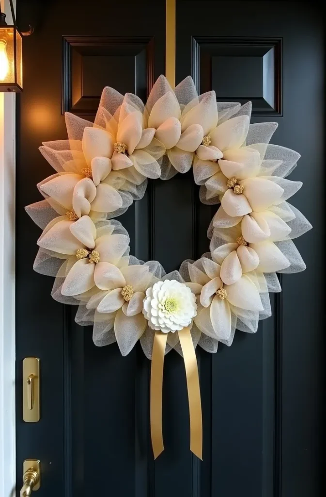 White and Gold Minimal Deco Mesh Wreath for a Modern Front Door