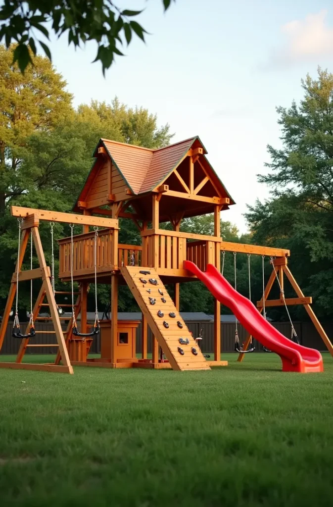 Wooden Swing Set With Rope Bridge and Dual Slides