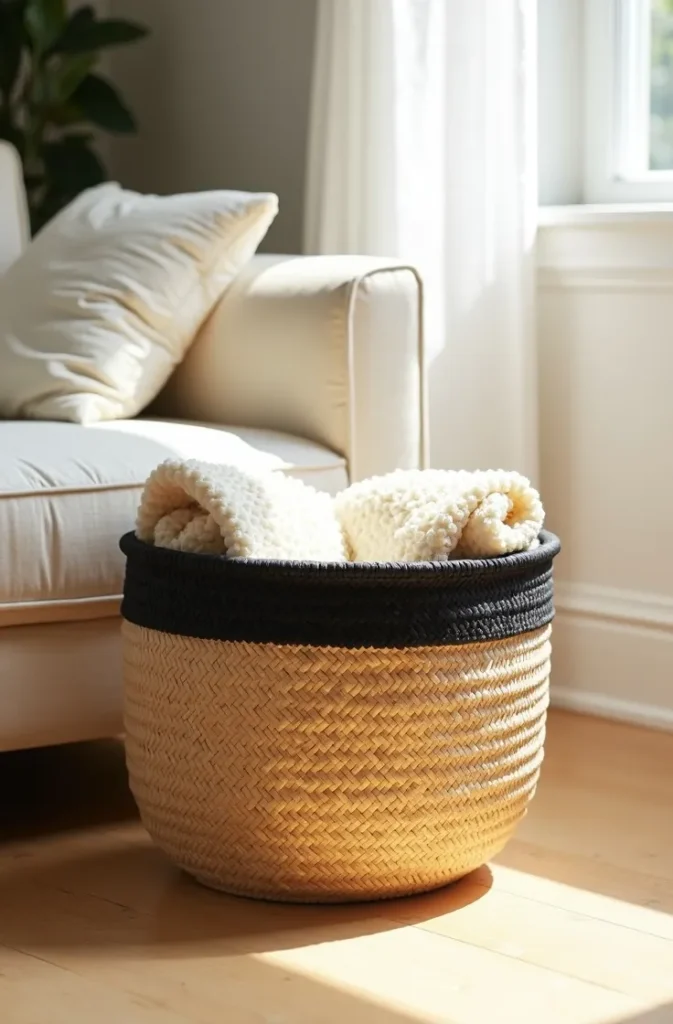 Woven Seagrass Basket With Painted Rim Detail That Upgrades Basic Storage