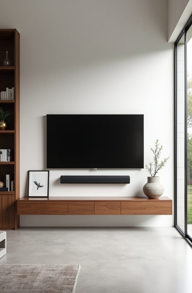The Floating Media Wall That Frees Up Floor Space in a Small Living Room
